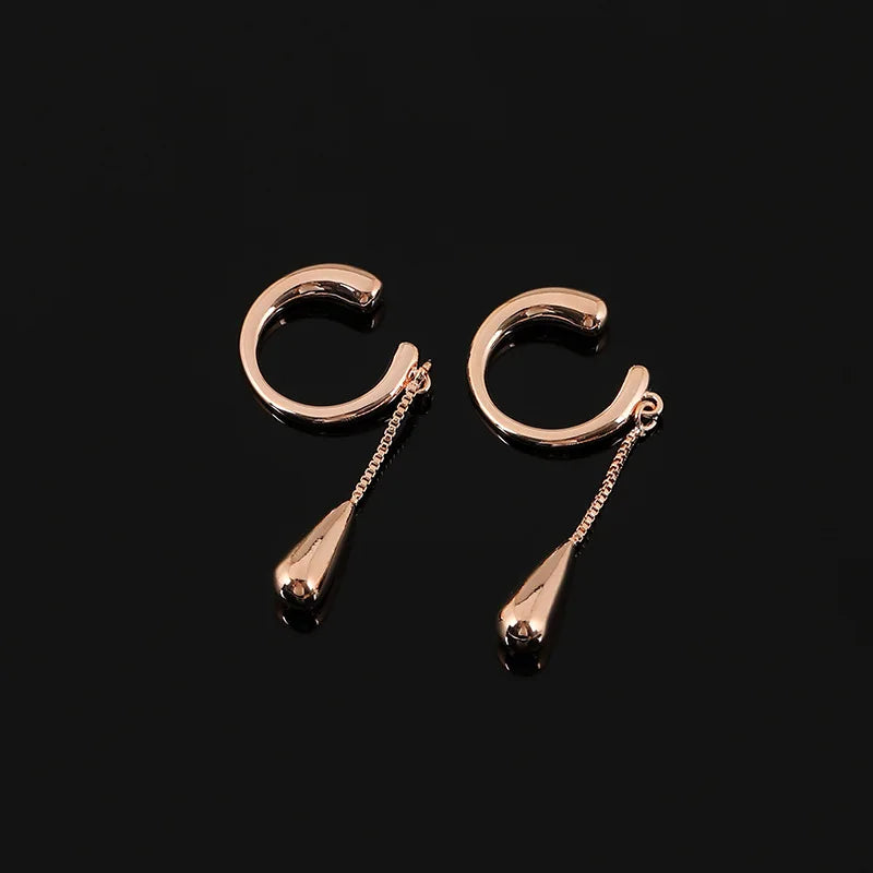 Elegant Alloy Ear Cuff Chain Tassel Water Drop Stud & Clip On No Piercing Long Dangle Earrings