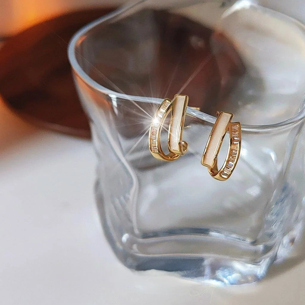 14K Plated Geometric Cross Zircon Stud Earrings Asymmetric Korean Style