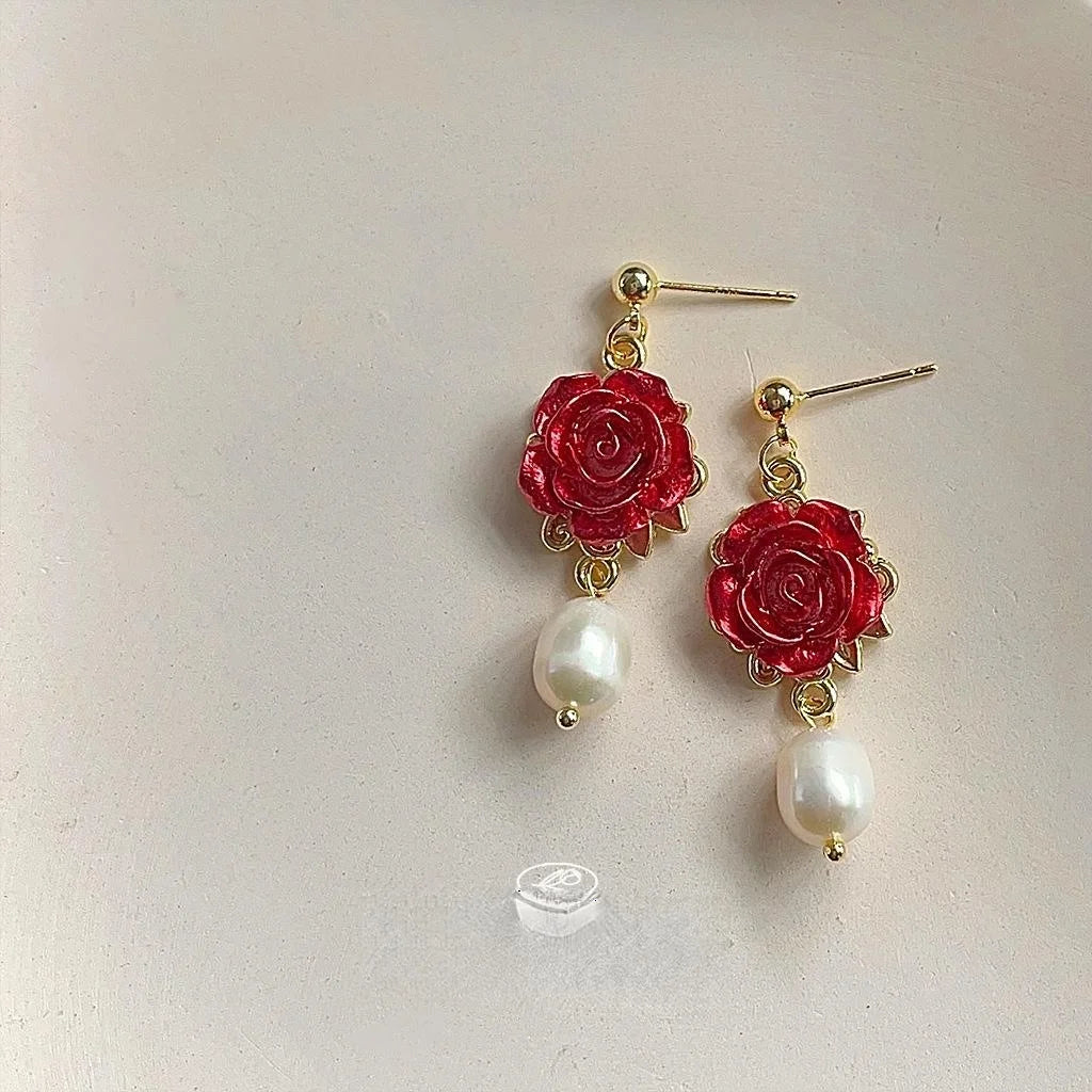 French Vintage Handmade Rose Stud Earrings 14K Plated Copper Freshwater Pearl Floral Jewelry