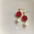French Vintage Handmade Rose Stud Earrings 14K Plated Copper Freshwater Pearl Floral Jewelry