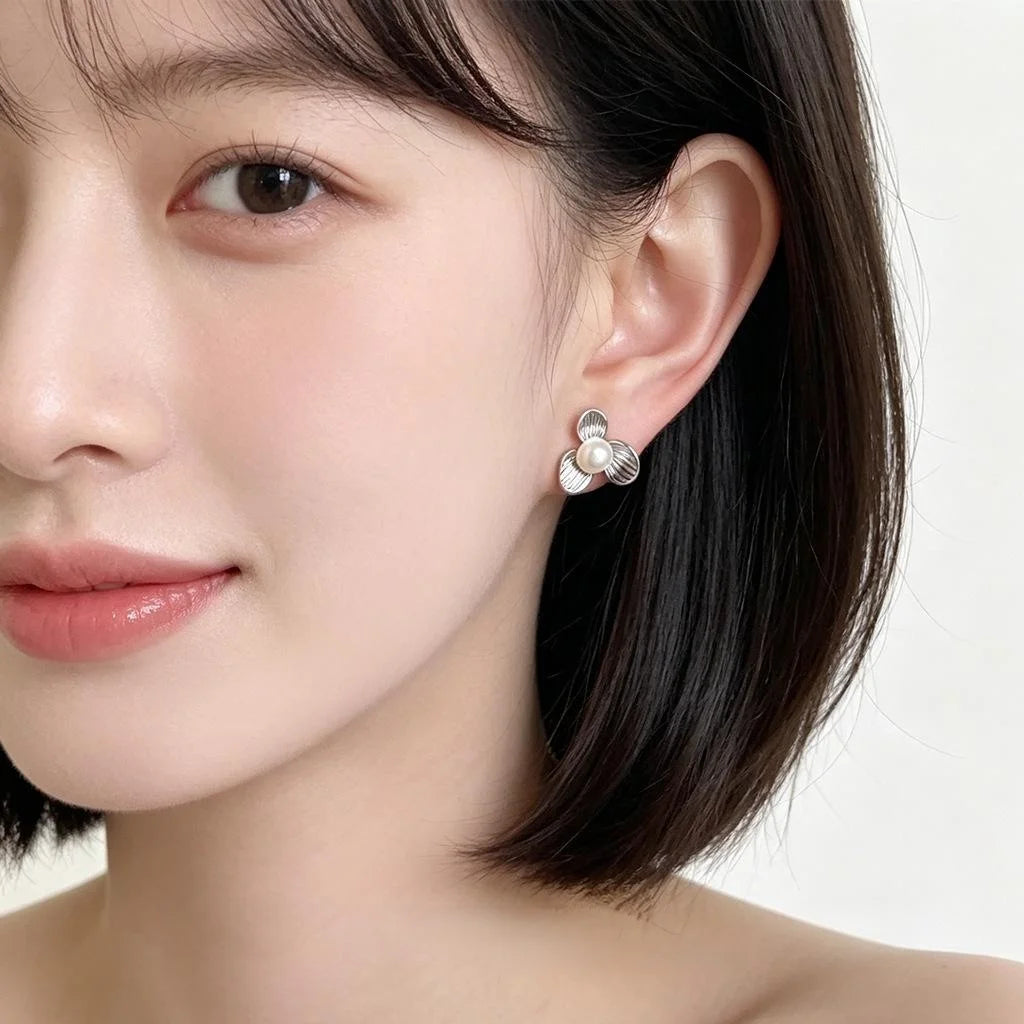 French Vintage Freshwater Pearl Flower Stud Earrings Copper Textured Petal Minimalist Jewelry
