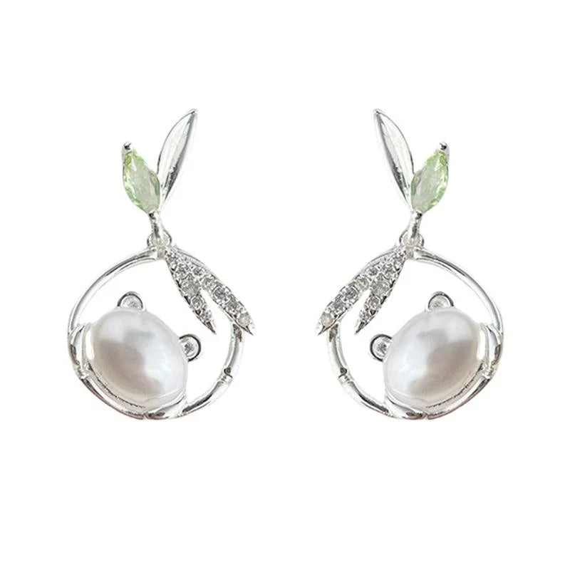 New Chinese Style Panda Bamboo Leaf Drop Earrings Copper Zircon Pearl Hollow Animal Jewelry