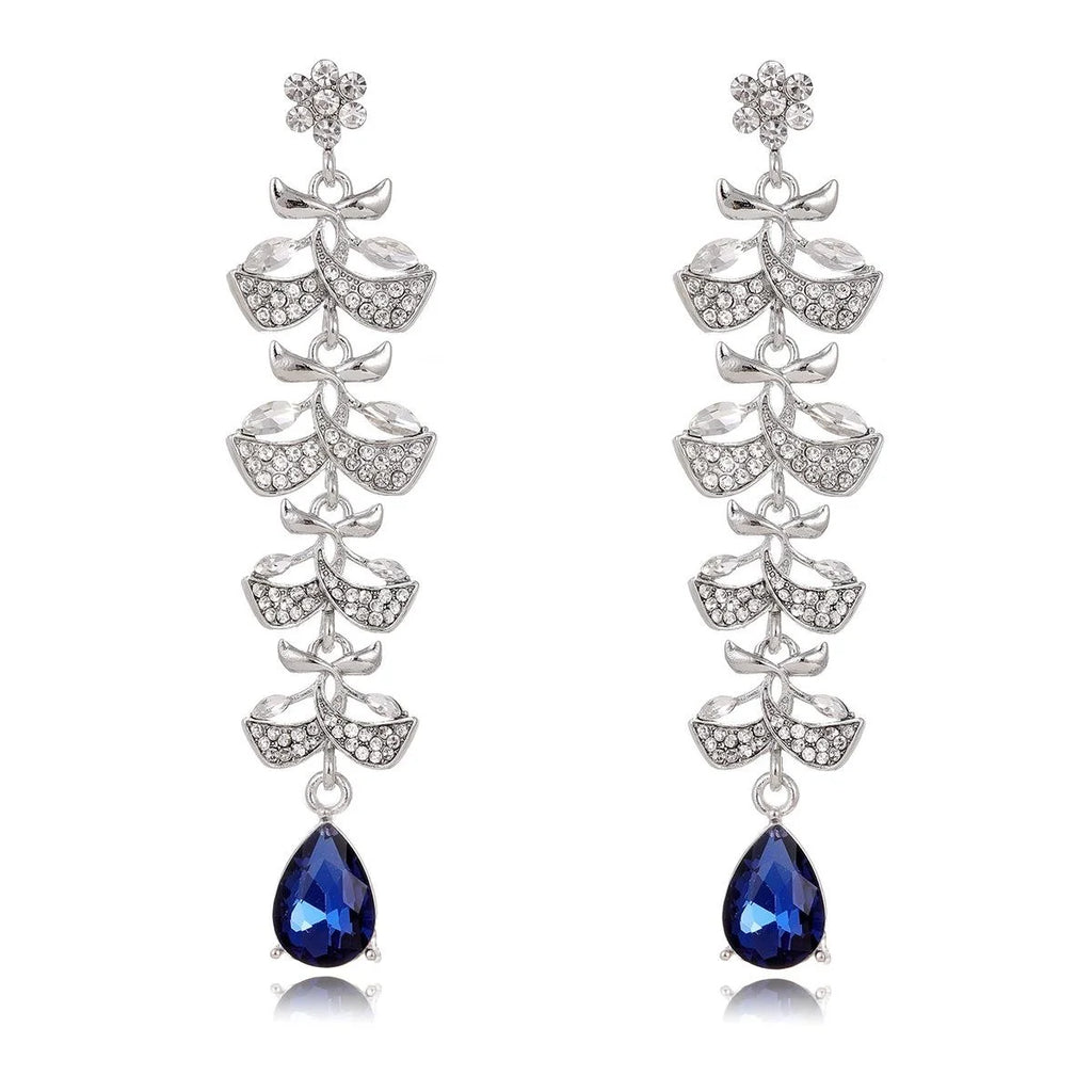 Luxury Rhinestone Leaf Tassel Earrings With Blue Teardrop Crystal, Elegant Long Dangle For Wedding Party