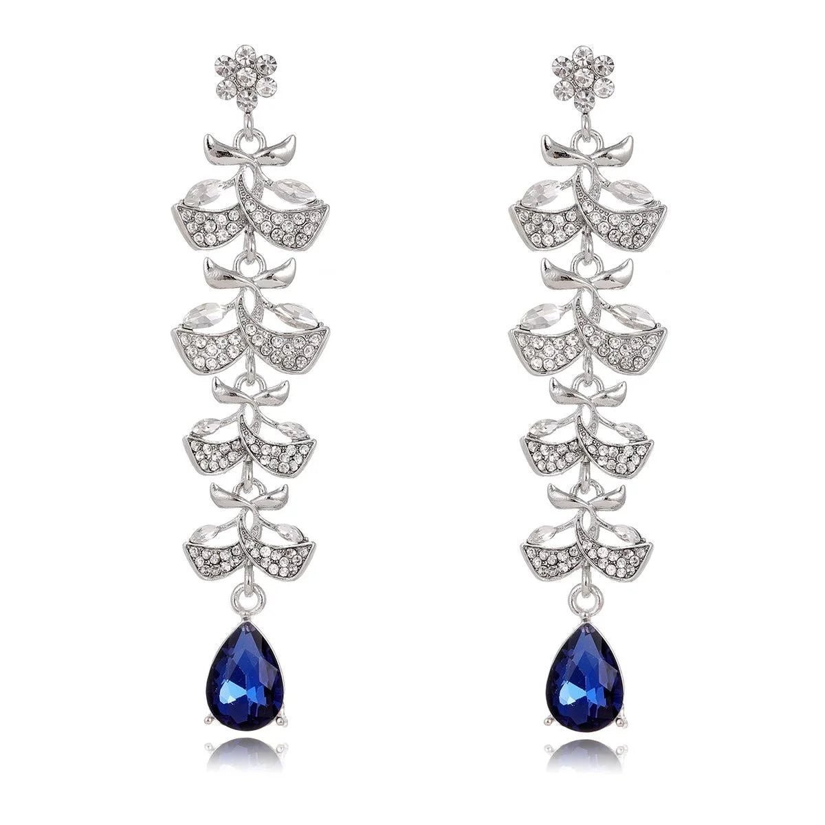 Luxury Rhinestone Leaf Tassel Earrings With Blue Teardrop Crystal, Elegant Long Dangle For Wedding Party