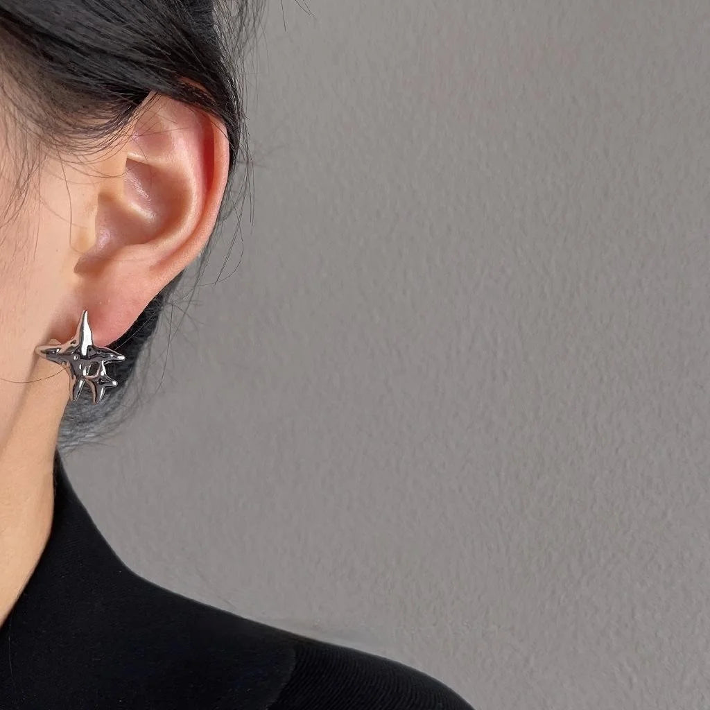 Sweet Cool Asymmetric Glass Cat Eye Five Point Star Copper Stud Earrings With Silver Plated Posts