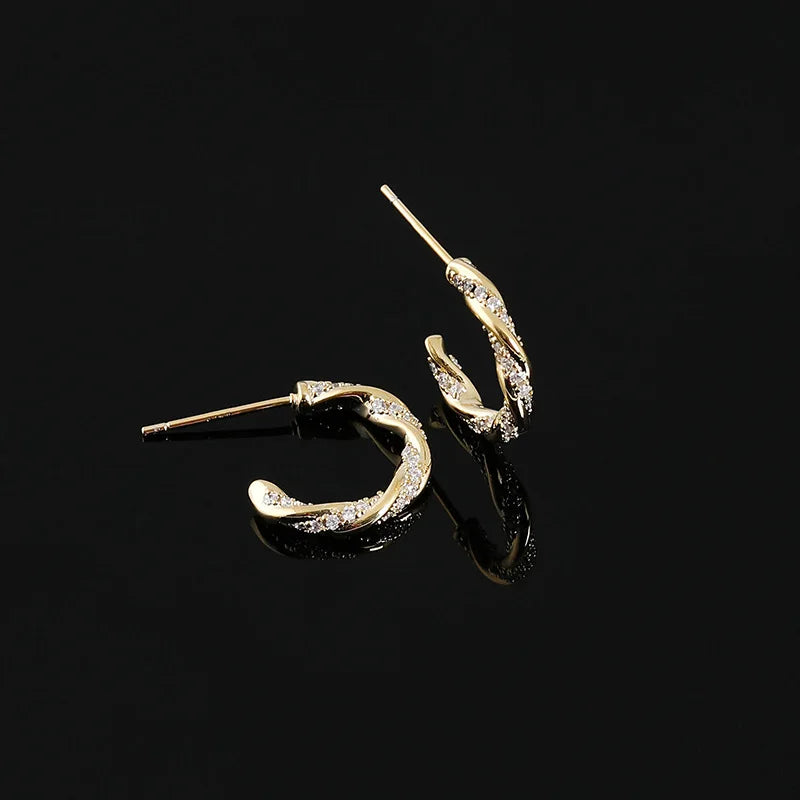 Elegant Gold Alloy Zircon Twisted Hoop Mosquito Coil Stud & Clip On No Piercing Small Huggie Earrings