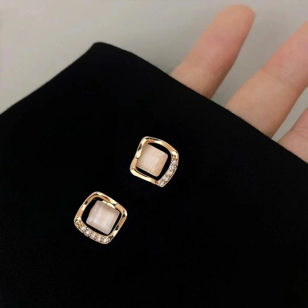 Minimalist Geometric Square Hollow Glass Cat Eye Stone Copper Stud Earrings With Silver Plated Pins