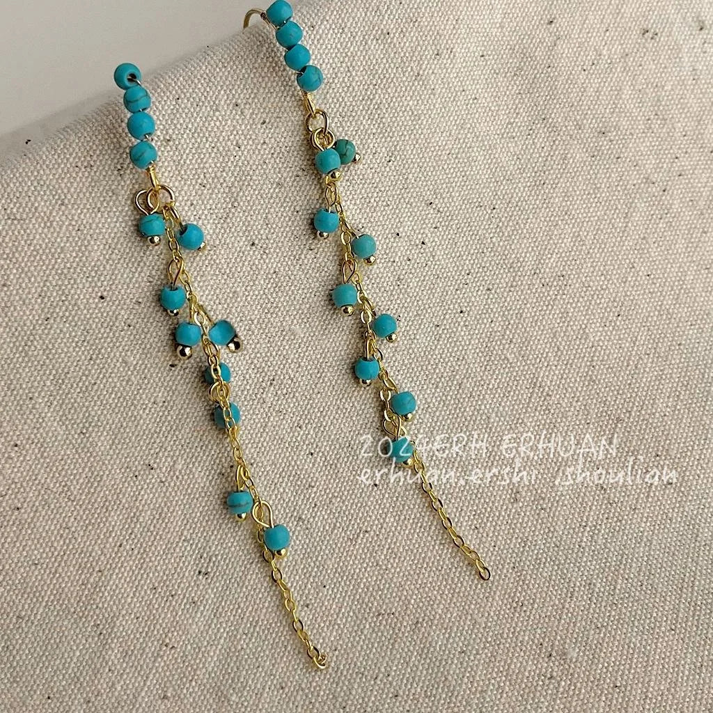 Original Design Long Tassel Drop Earrings Copper Faux Turquoise Ethnic Vintage Geometric Jewelry