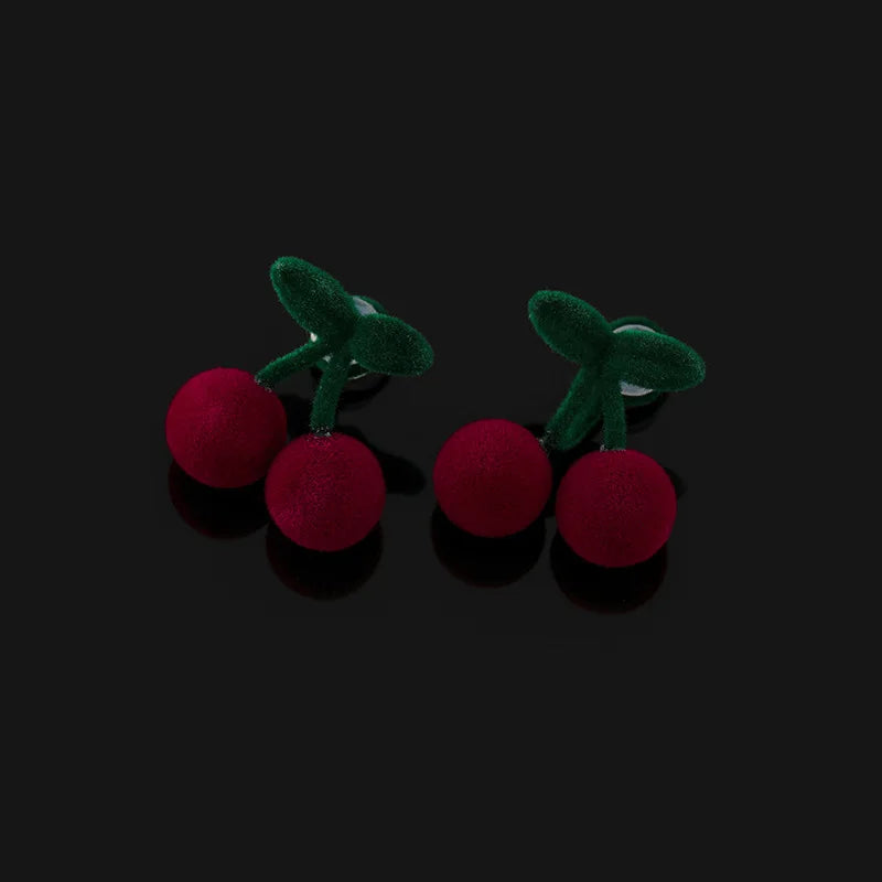 Sweet Flocked Cherry Fruit Stud & Clip On No Piercing Cute Winter Velvet Drop Earrings