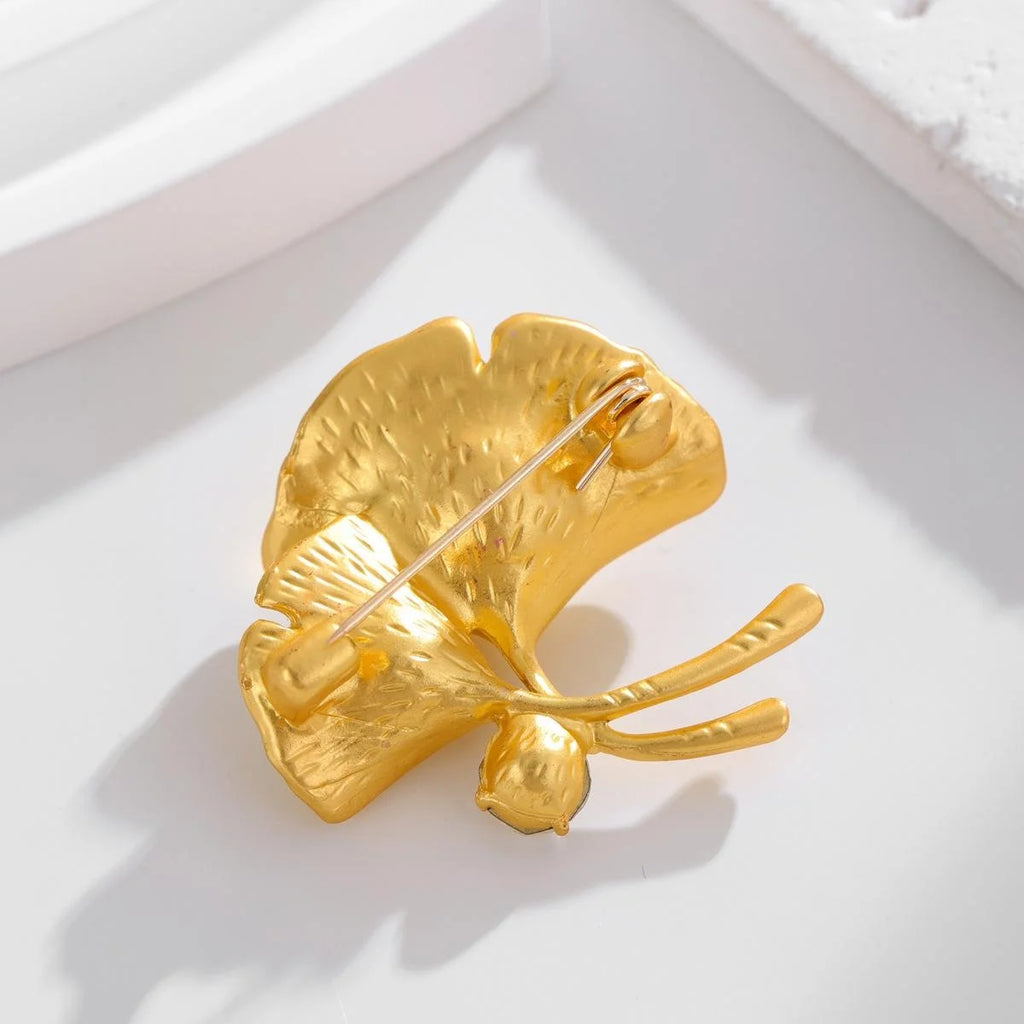 Elegant Gold Ginkgo Leaf Brooch With Pearls And Rhinestone, Women's Lapel Pin Suit Accessory Gift