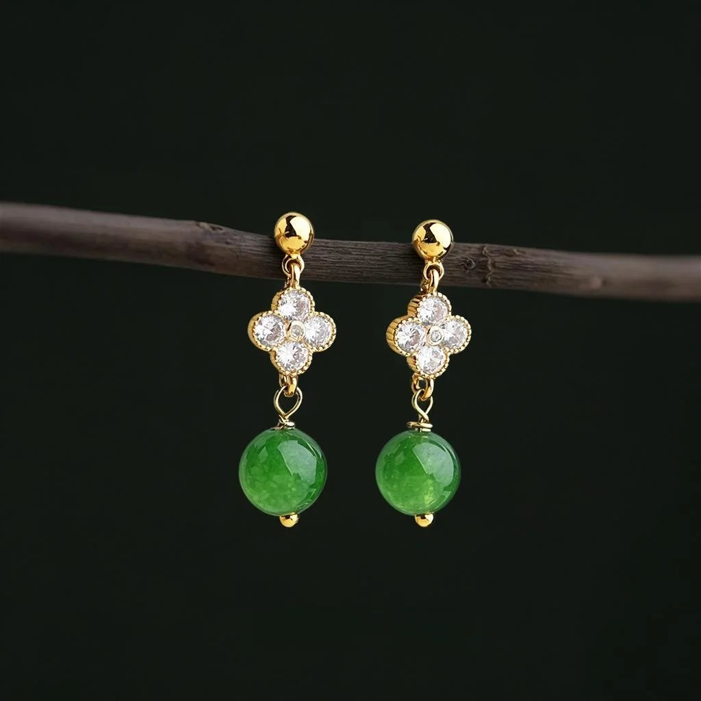 Handmade New Chinese Style Copper Green Agate Zircon Flower Tassel Drop Earrings