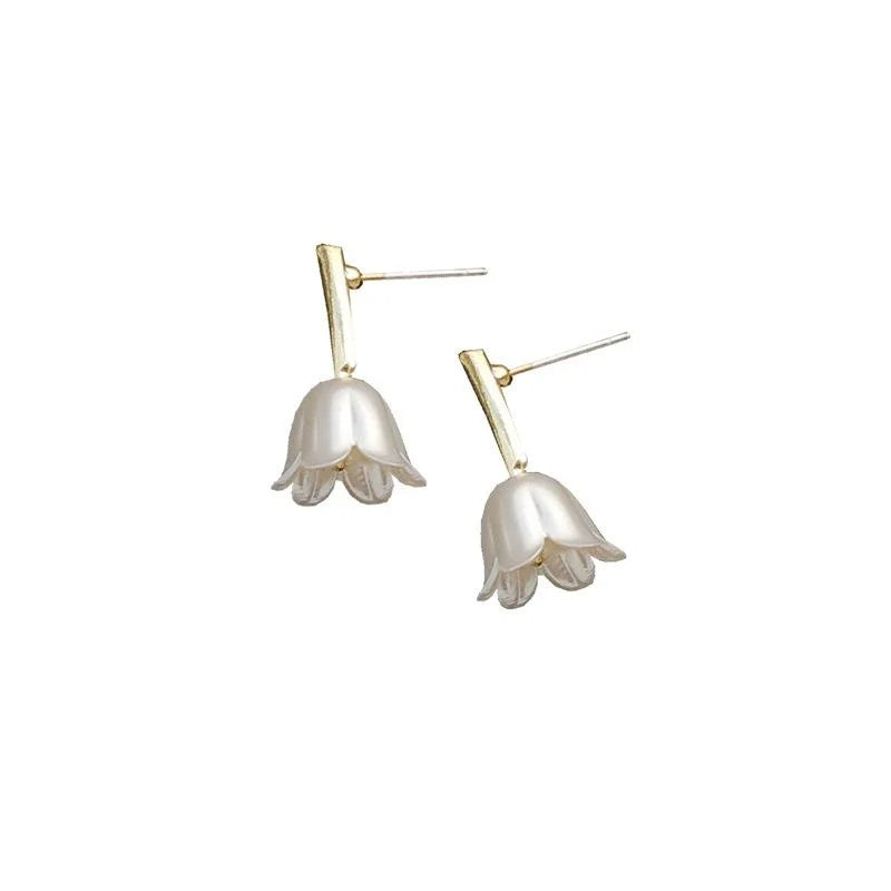 Copper Silver Plated French Court Tulip Pearlescent 3D Floral Branch Drop Earrings