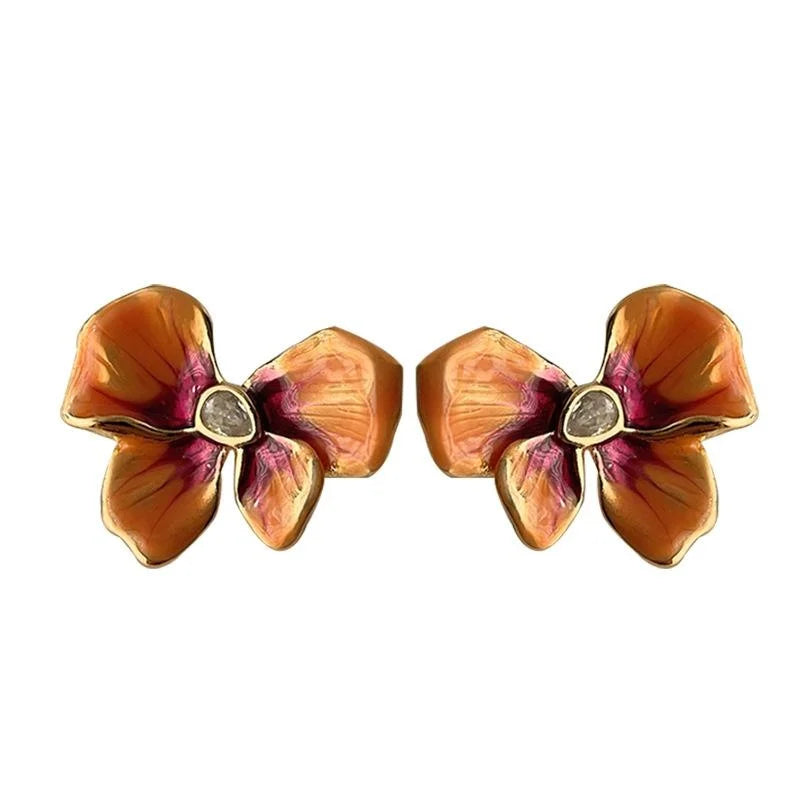 French Vintage Enamel Ombre Iris Flower Drop Earrings, Copper