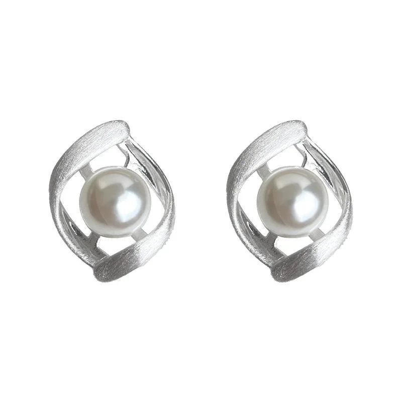 Brushed Silver Plated Copper Teardrop Pearl Stud Earrings Minimalist Geometric Twisted Hoop Design