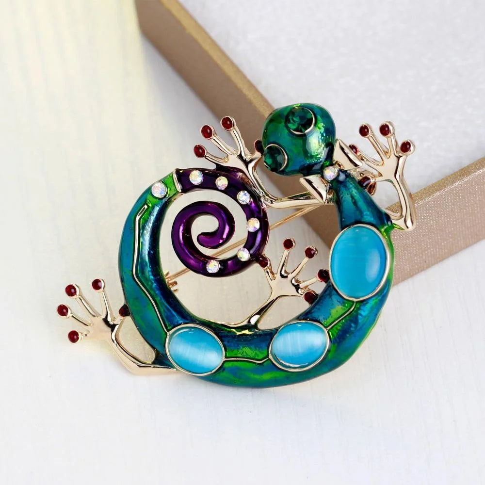 Luxury Enamel Gecko Lizard Brooch With Rhinestones, Alloy Animal Lapel Pin Corsage Suit Accessory Gift