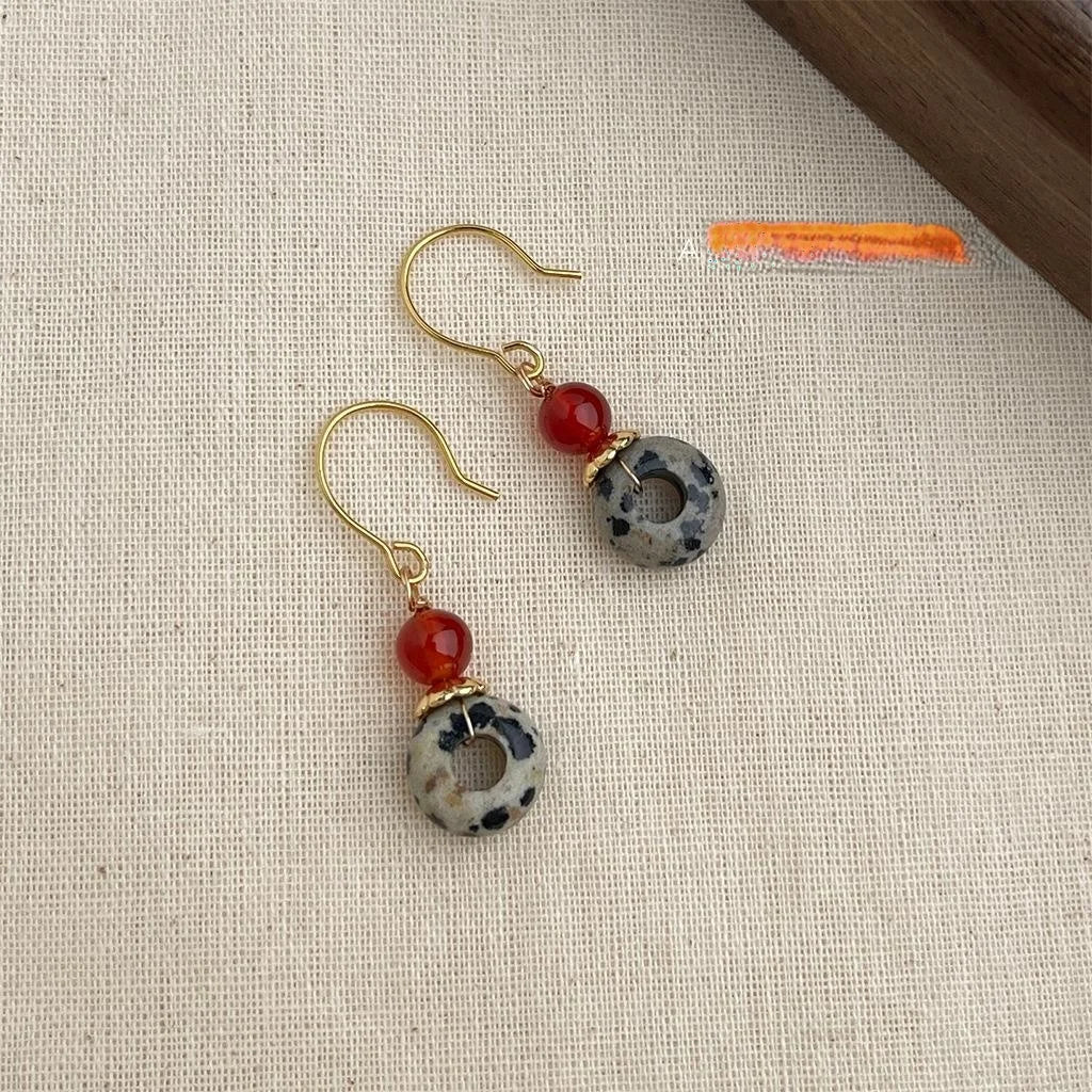 Ethnic Style Natural Red Agate Geometric Round Hoop Drop Earrings Handmade Design