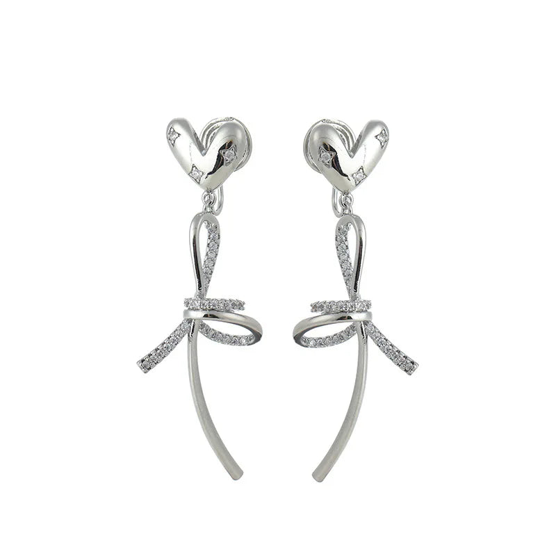 Elegant Luxury Rhinestone Heart Bow Long Drop Stud & Clip On No Piercing Alloy Statement Earrings