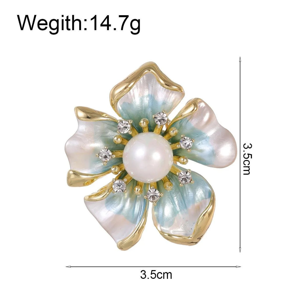 Elegant Gold Tone Flower Brooch With Mother Of Pearl Petals, Faux Pearl And Rhinestone Lapel Pin Gift