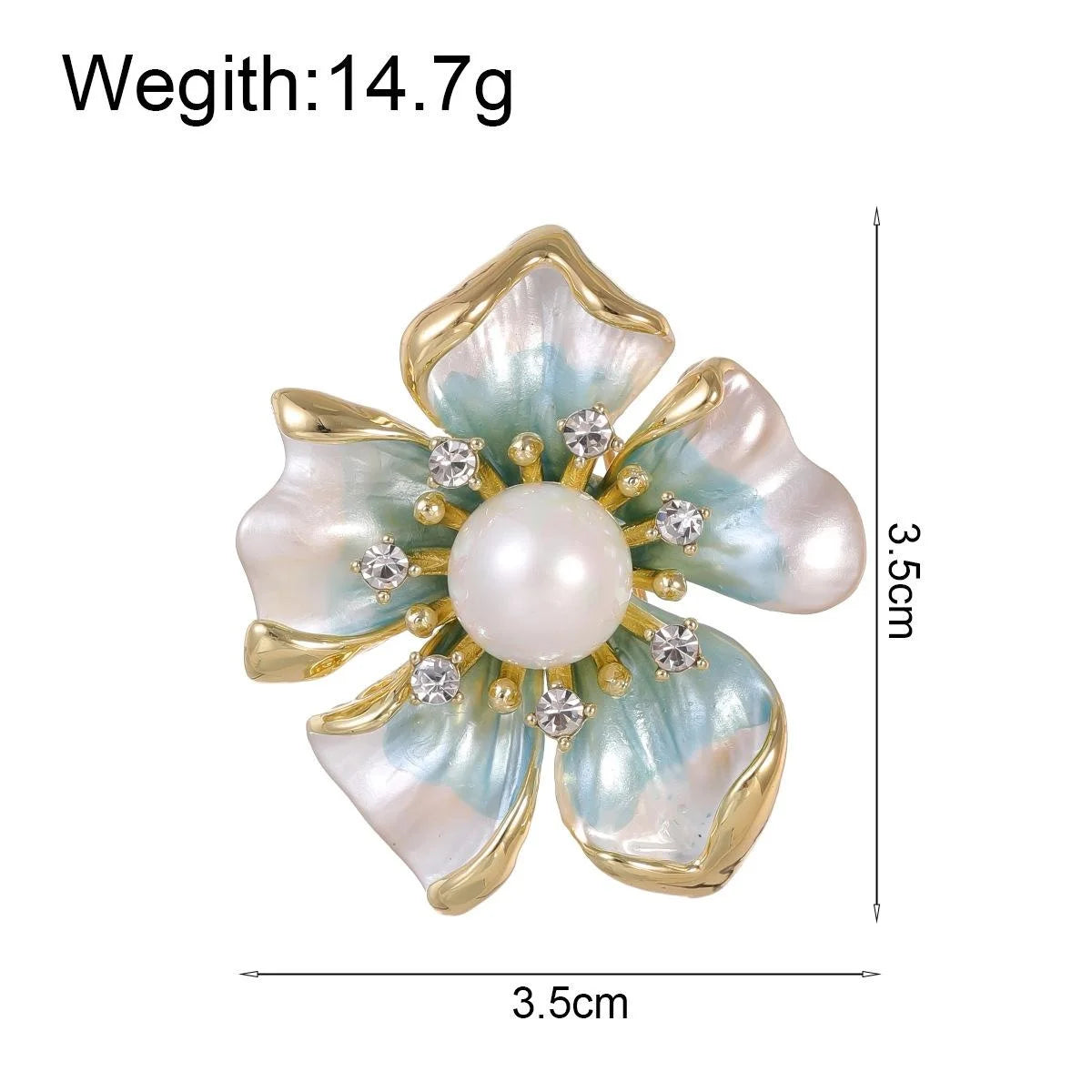 Elegant Gold Tone Flower Brooch With Mother Of Pearl Petals, Faux Pearl And Rhinestone Lapel Pin Gift