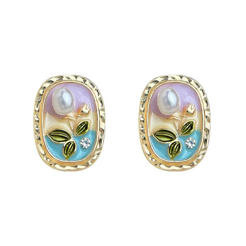 Freshwater Pearl 14K Plated Enamel Floral Pastoral Copper Drop Earrings