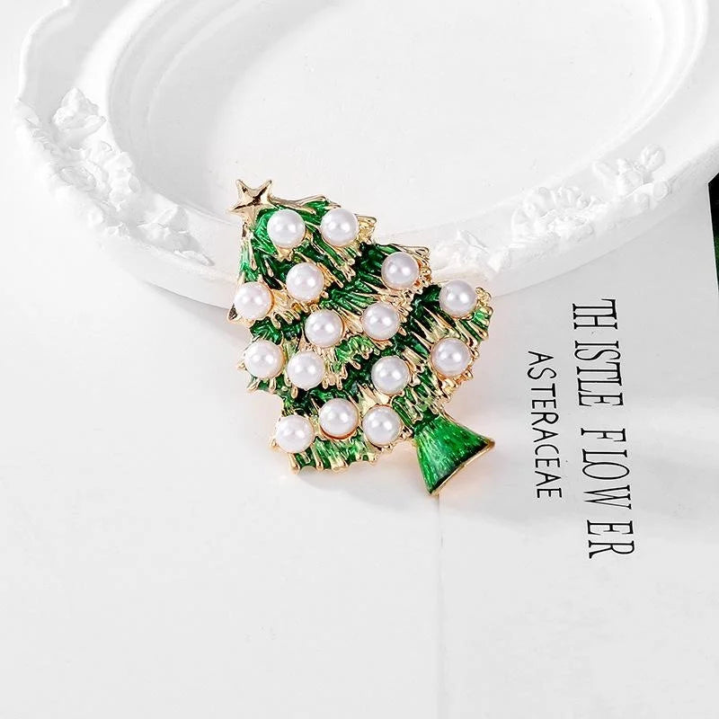 Elegant Green Enamel Christmas Tree Brooch With Faux Pearls, Gold Alloy Holiday Lapel Pin Gift