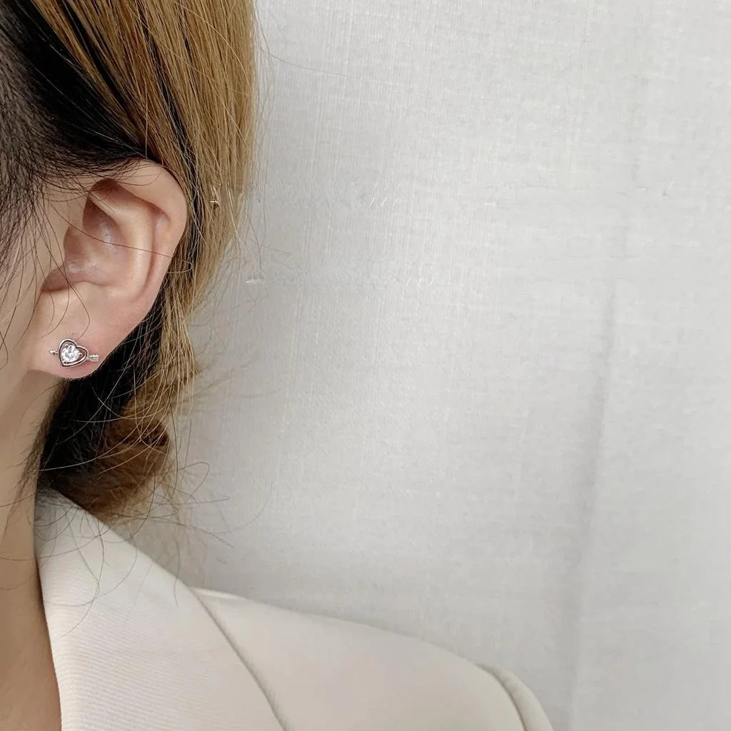 Korean Style Mini Heart Arrow Zircon Copper Stud Earrings With Silver Plated Pins