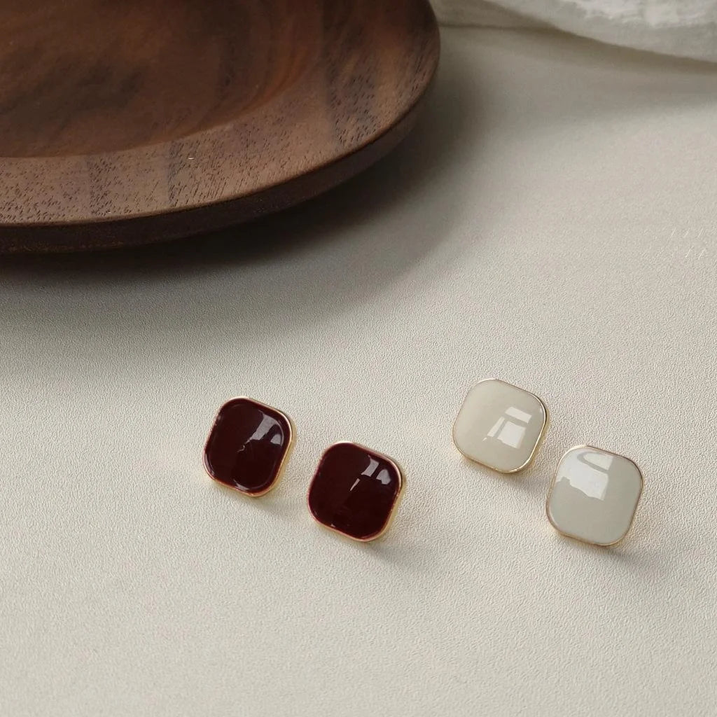 14K Plated Alloy Square Enamel Stud Earrings Minimalist Korean Geometric Jewelry