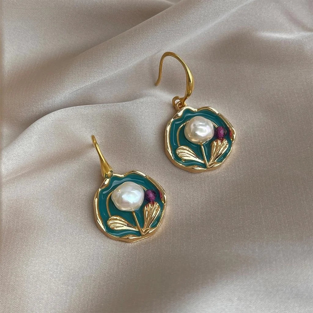 Copper Baroque Irregular Freshwater Pearl Hand Painted Floral Ethnic Vintage Drop Earrings