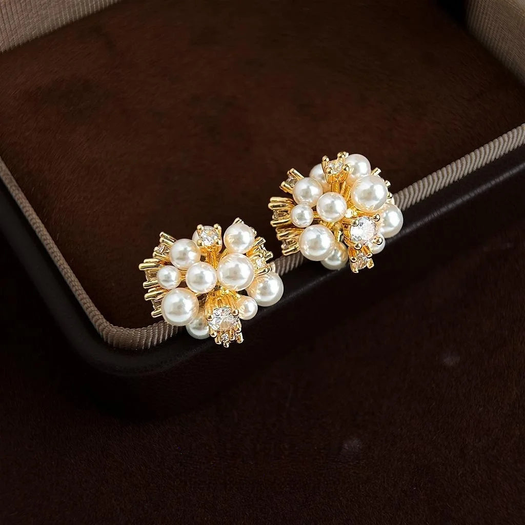 14K Plated Copper Pearl Zircon Firework Flower Stud Earrings Elegant French Geometric Jewelry