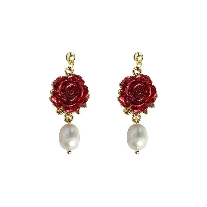 French Vintage Handmade Rose Stud Earrings 14K Plated Copper Freshwater Pearl Floral Jewelry