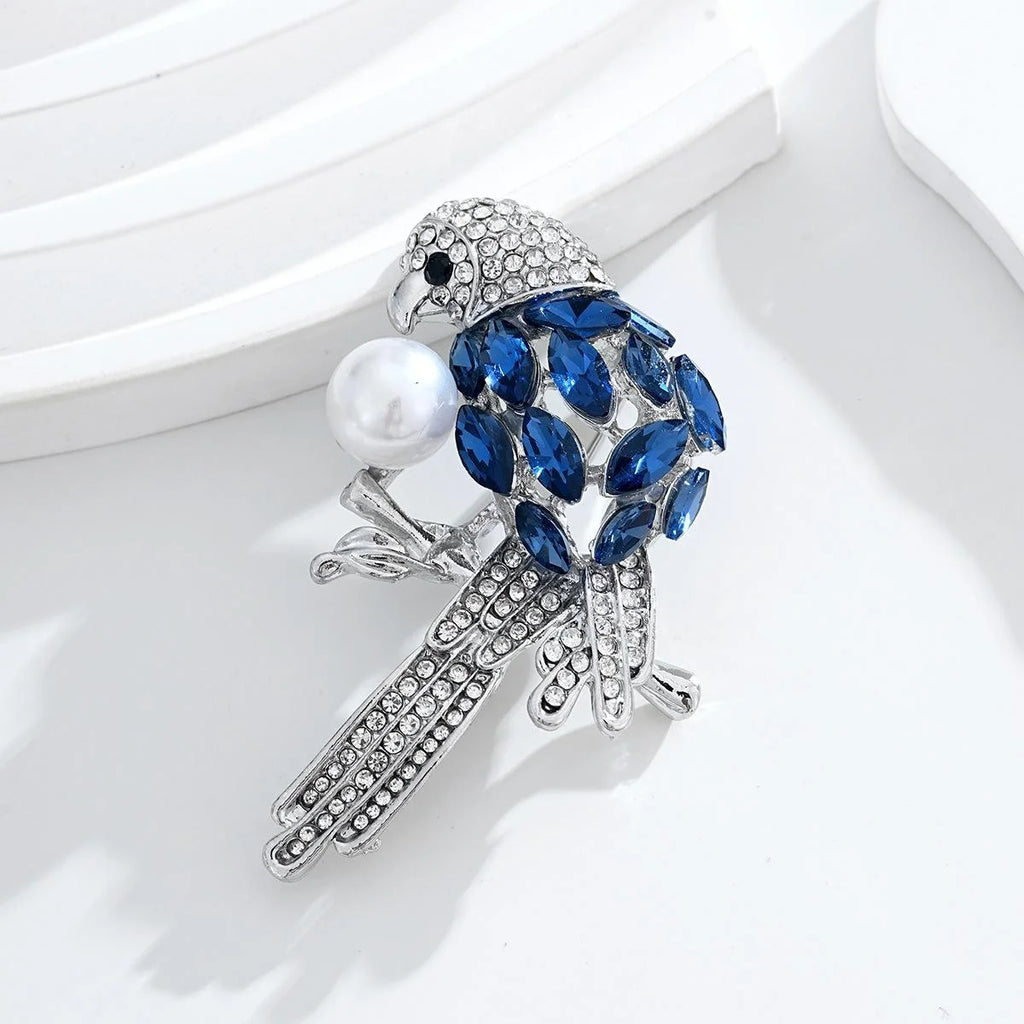 Elegant Blue Crystal Parrot Brooch With Rhinestone Alloy Pearl, Women's Lapel Pin Suit Accessory Gift