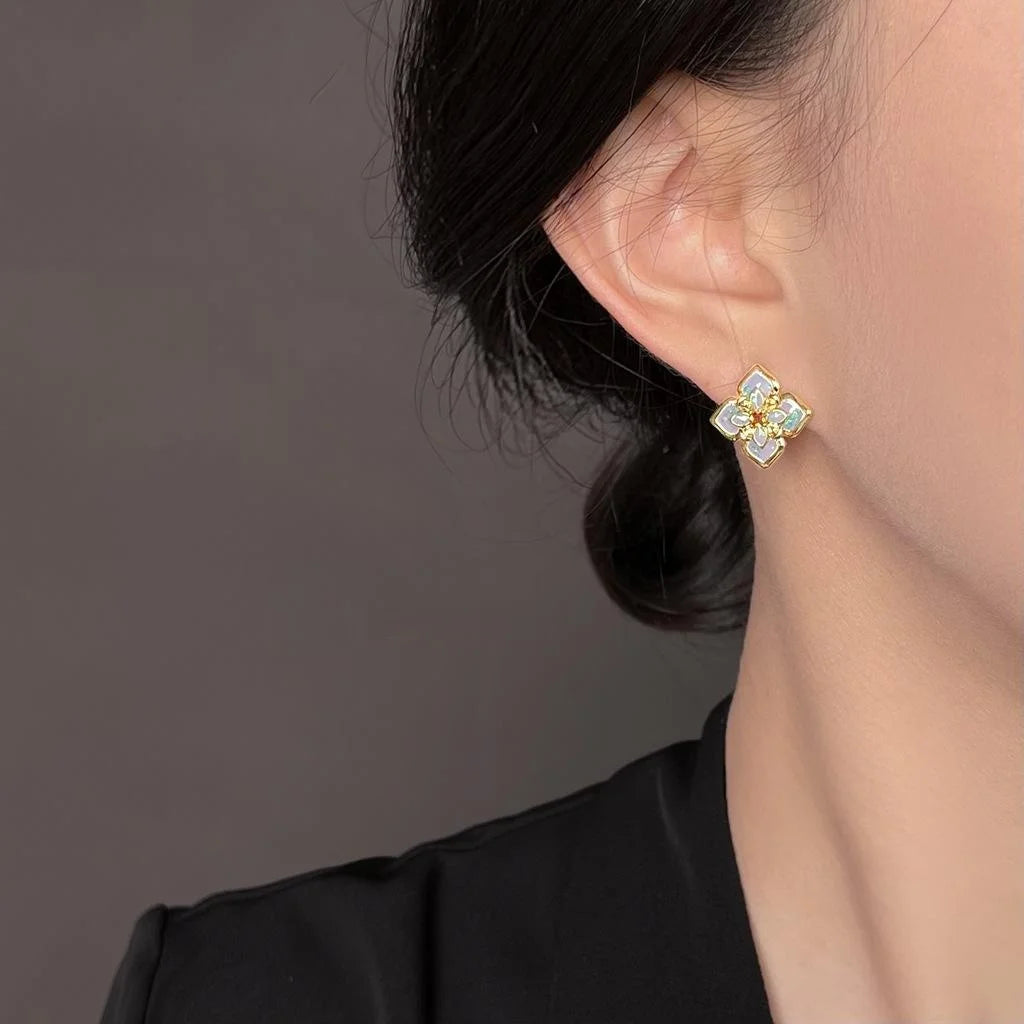 Light Luxury Enamel Drip Glaze Floral Geometric Copper Stud Earrings