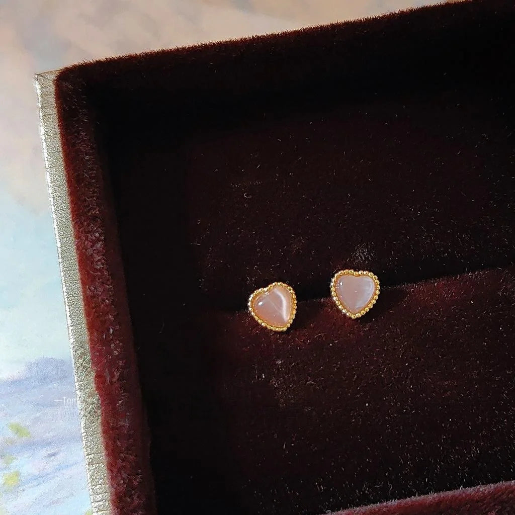 Silver Plated Copper Mini Heart Glass Cat Eye Stone Stud Earrings Korean Fresh Style