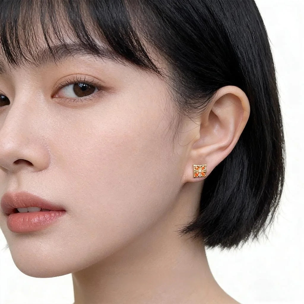 Premium Orange Red Micro Pave Zircon Flower Petal Copper Stud Earrings