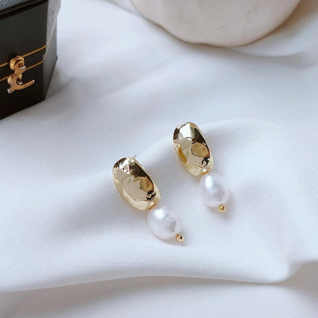 14K Gold Plated Natural Freshwater Pearl Geometric Korean Drop Earrings For Women