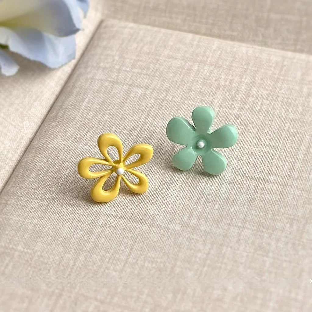 Candy Color Enamel Copper Hollow Flower Asymmetric AB Stud Earrings Sweet Fashion Jewelry