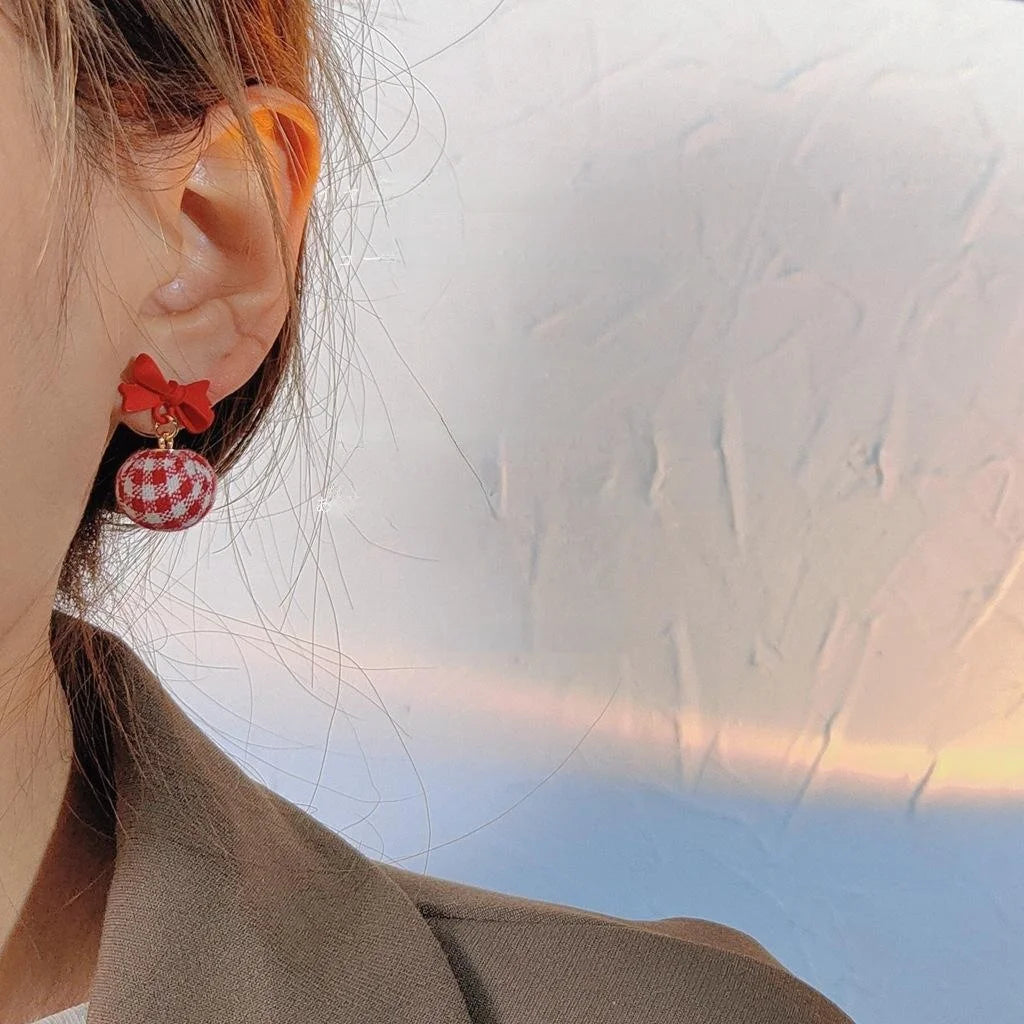 Japanese Korean Sweet Red Bow Plaid Pom Pom Stud Earrings With Silver Plated Pins