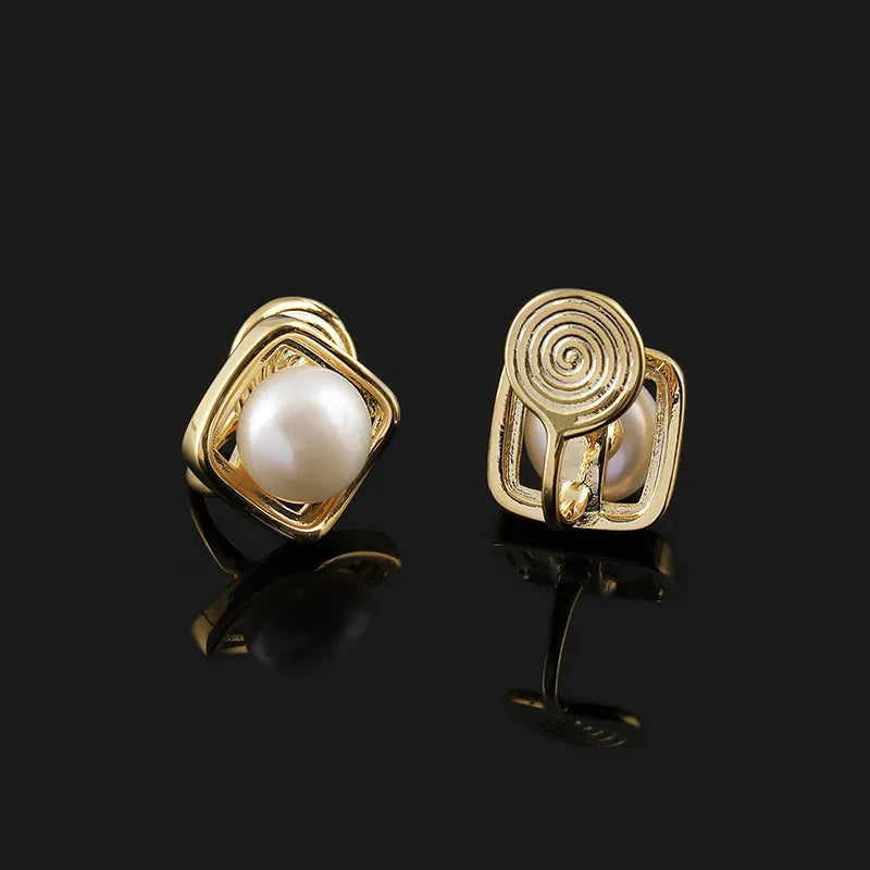 Elegant Square Spiral Freshwater Pearl Alloy Stud & Clip On No Piercing Commuter Statement Earrings