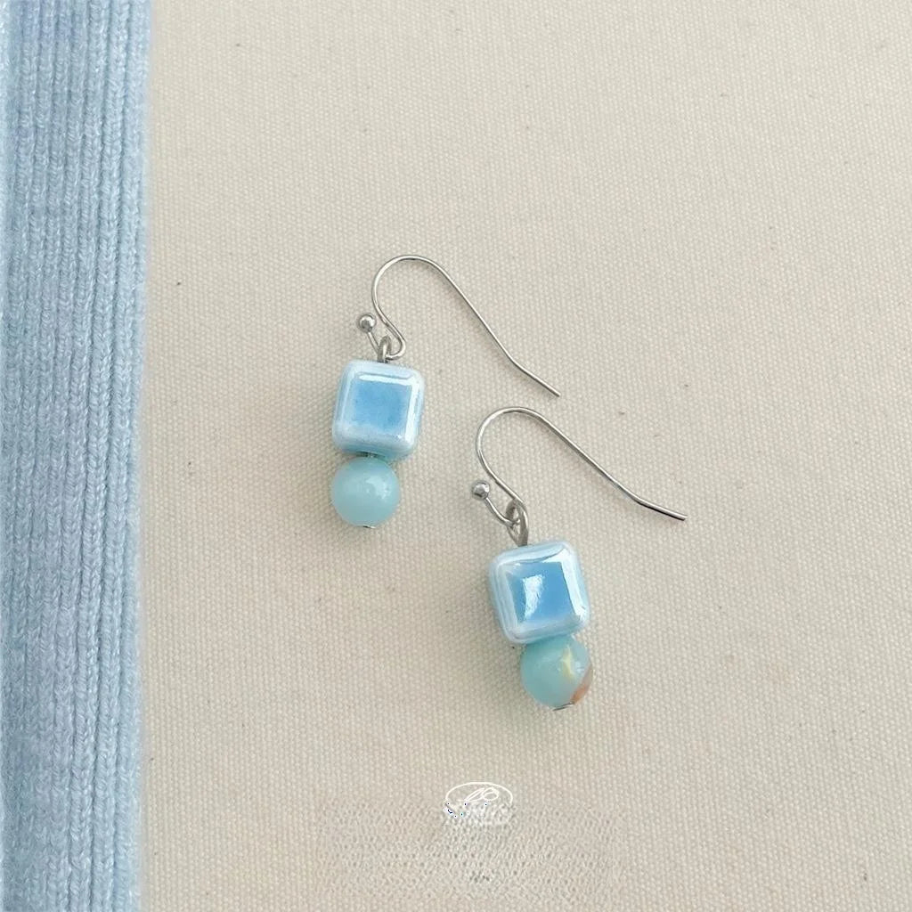 New Chinese Vintage Shoushan Stone Ceramic Geometric Drop Earrings Handmade Designer Jewelry