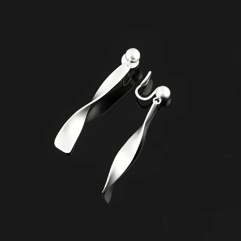Vintage Matte Alloy Twisted Ribbon Long Drop Stud & Clip On No Piercing Women's Fashion Earrings
