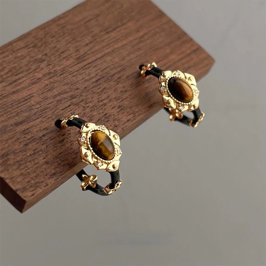 Vintage Maillard Tiger Eye Enamel Drip Glaze Copper Black Gold Round Drop Earrings With Zircon