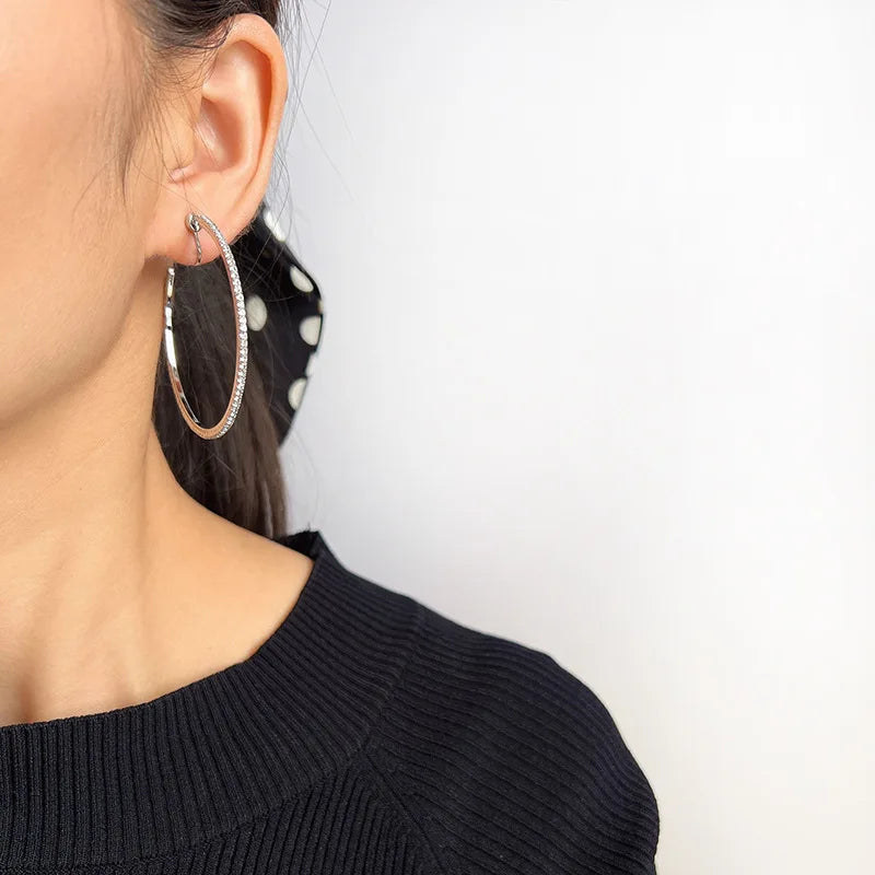 Luxury Rhinestone Big Hoop Spiral Coil Stud & Clip On No Piercing Statement Circle Earrings