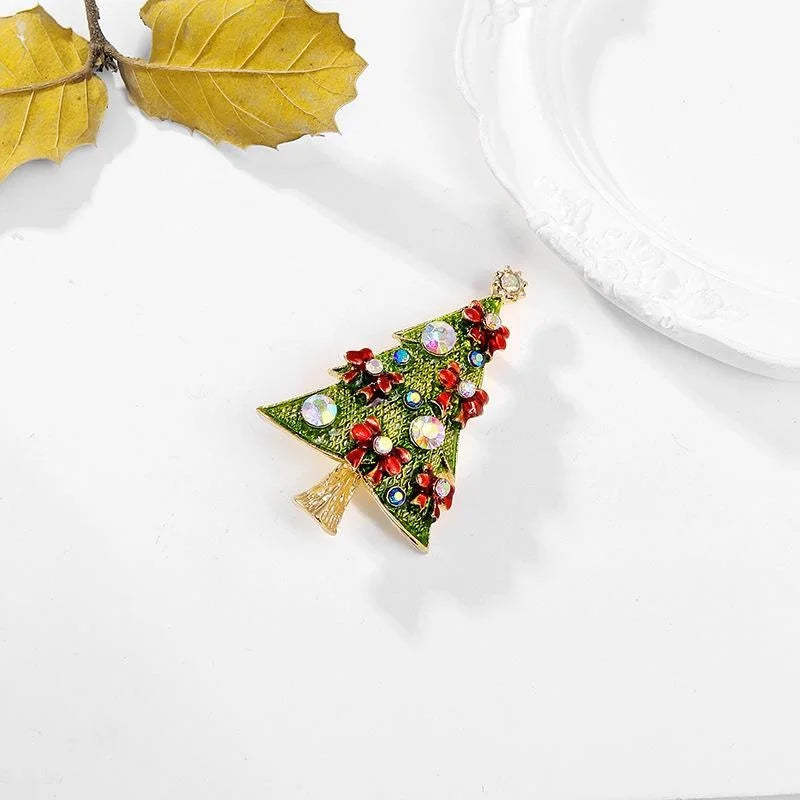 Elegant Christmas Tree Brooch With Green Enamel And Rhinestones, Alloy Lapel Pin Corsage Gift