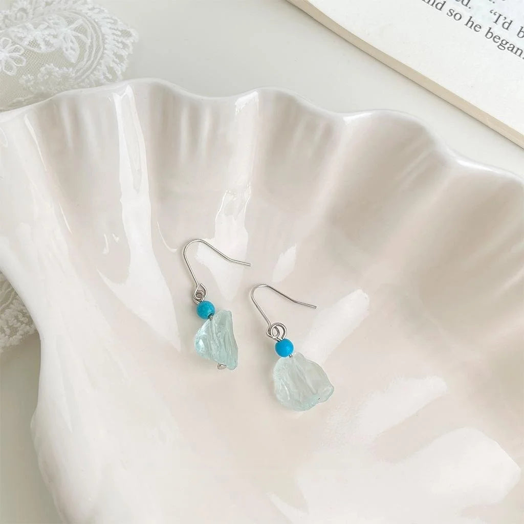 Handmade Irregular Blue Crystal Natural Stone Glass Pearl Drop Earrings For Beach Vacation