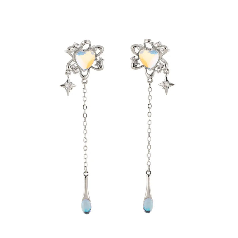 Elegant Alloy Opal Heart Star Rhinestone Long Chain Tassel Ear Cuff Stud & Clip On No Piercing Earrings