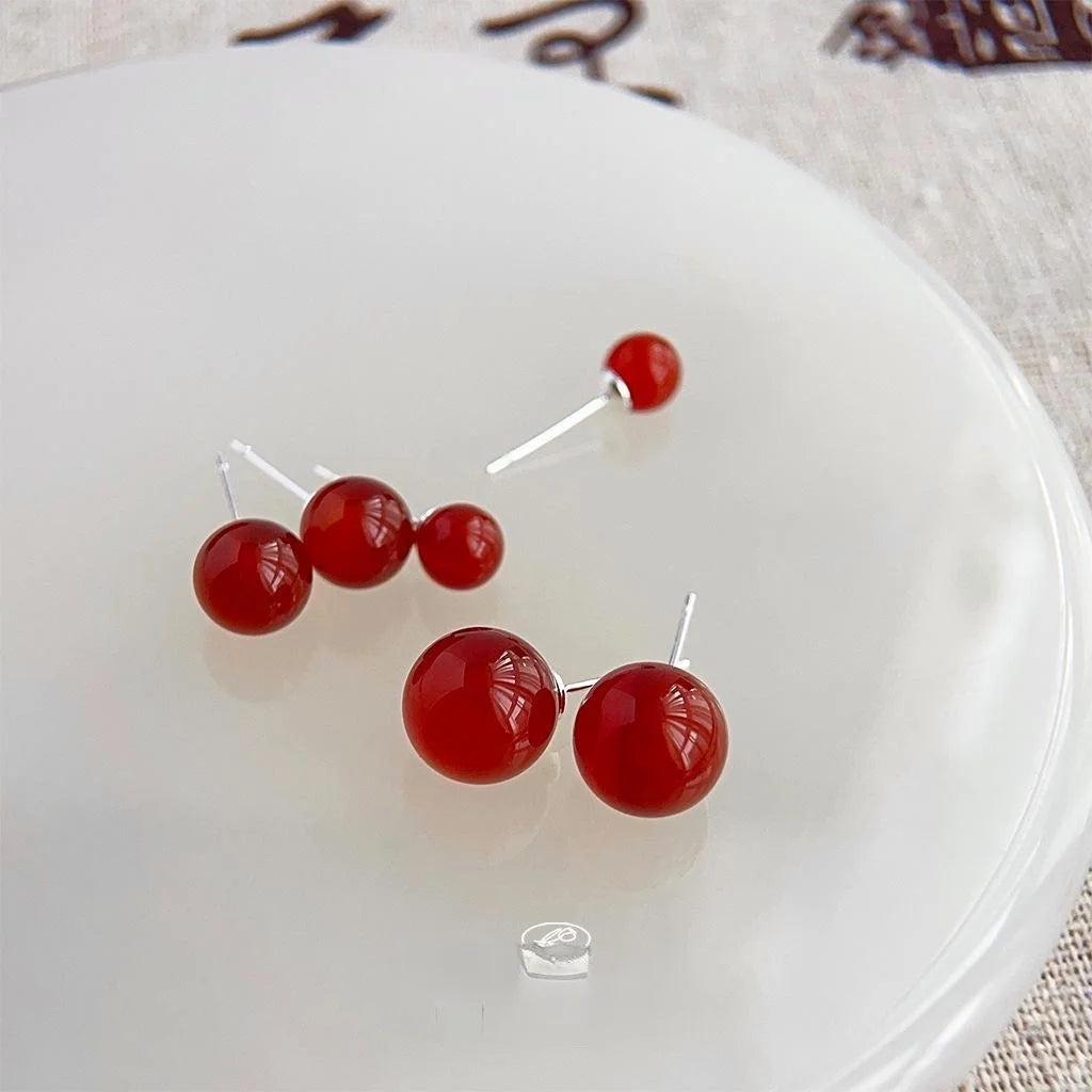 New Chinese Vintage Natural Red Agate Round Geometric Stud Earrings For Women