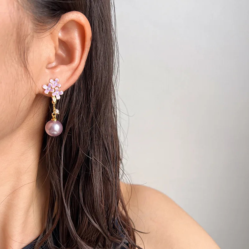 Elegant Purple Enamel Flower Spiral Pearl Drop Alloy Stud & Clip On No Piercing Fashion Earrings
