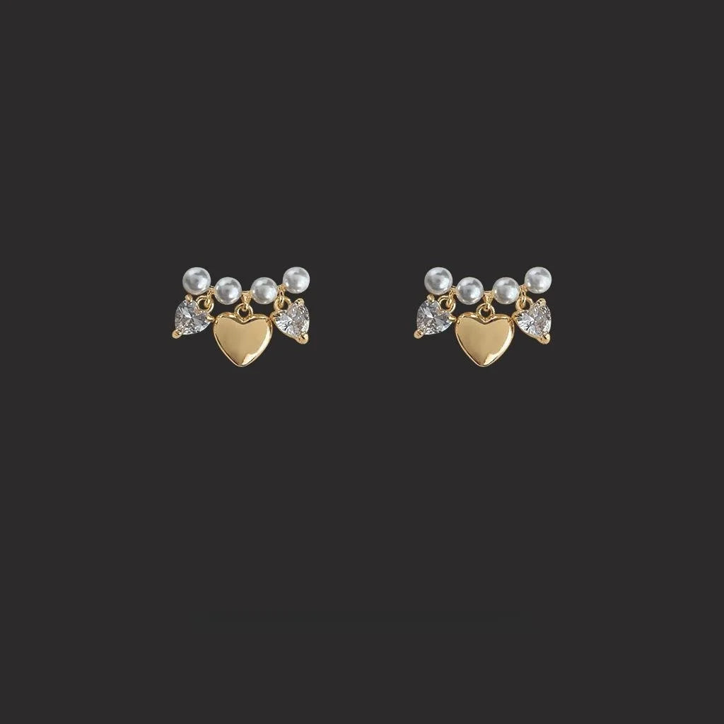 Light Luxury Curved Pearl Heart Stud Earrings Micro Pave Zircon Copper Silver Plated Posts