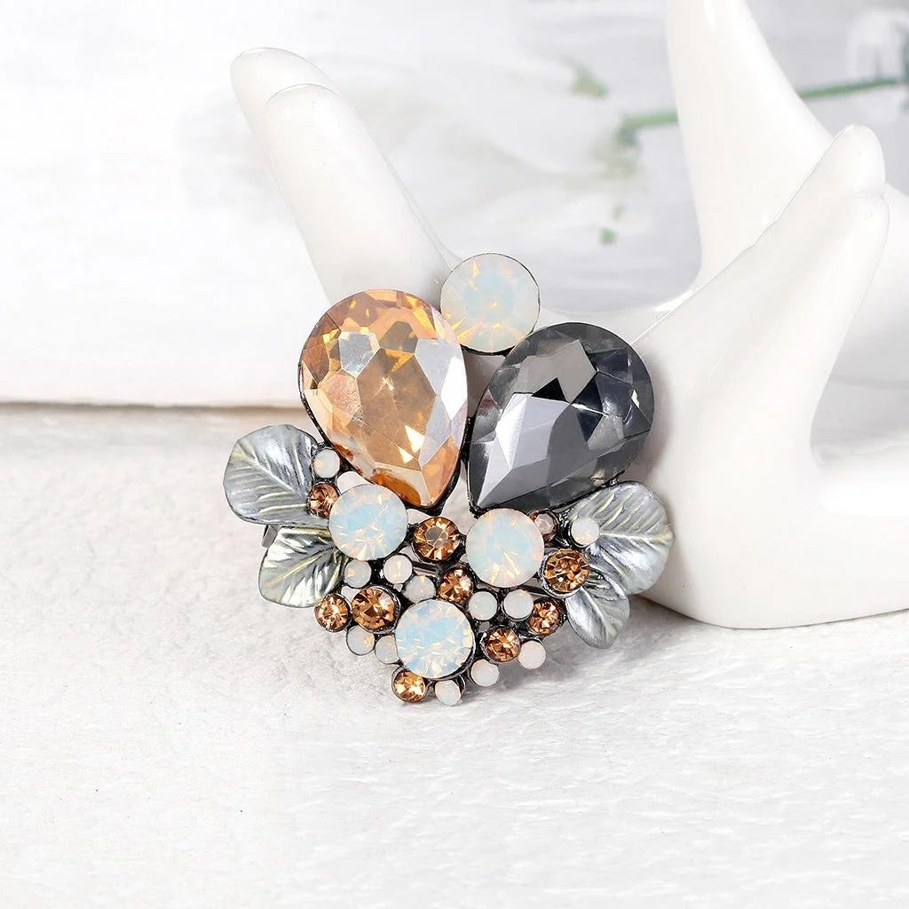 Elegant Floral Crystal Rhinestone Brooch With Alloy Leaves, Women's Lapel Pin Corsage Suit Accessory Gift