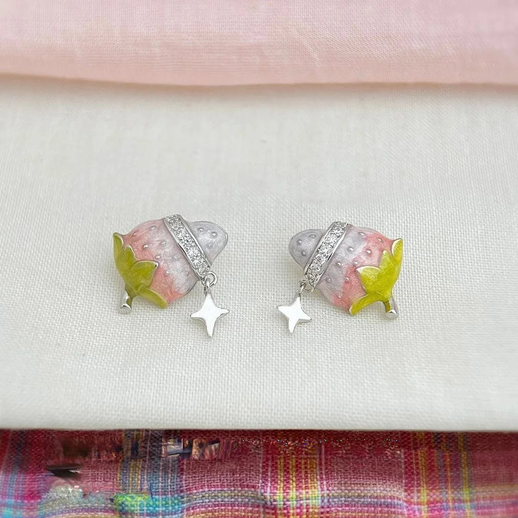 Sweet Strawberry Star Copper Stud Earrings, Cute Cream Girl Designer Style